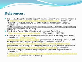 References:
 Fig 1: Dr J. Haggerty, no date. Digital forensics: Digital forensic process. Available
  at: http://www.cse.salford.ac.uk/profiles/haggerty/forensics.php [Accessed on
  16/10/2011]. Fig 3: Kessler, G. C., 2004. WetStone Technologies’ Gargoyle.
  Available at:
  <http://citeseerx.ist.psu.edu/viewdoc/download?doi=10.1.1.90.8113&rep=rep1&typ
  e=pdf > [Accessed on 16/10/2011].
 Fig 4: Niels Provos, 2004. Niels Provos’s stegdetect. Available at:
  <http://www.outguess.org/detection.php > [Accessed on 17/10/2011].
 Carrier, B. (2002). Open Source Digital Forensics Tools. Citeseerx[Online paper].
  Available at: : <http://www.digital-
  evidence.org/papers/opensrc_legal.pdf>[Accessed on 16/10/2011]. Daniel J.R and
  G. Shpantzer (2005). Legal Aspects of Digital Forensics. Available at:
  http://euro.ecom.cmu.edu/program/law/08-732/Evidence/RyanShpantzer.pdf>
  [Accessed on 17/10/2011]. Dr J. Haggerty(no date). Digital forensics. Available at:
  http://www.cse.salford.ac.uk/profiles/haggerty/forensics.php [Accessed on
  16/10/2011]. Digital Forensics Magazine(2010). Ethics in Computer Forensics.
  Available at:
  <http://www.digitalforensicsmagazine.com/index.php?option=com_content&view=a
  rticle&id=540> [accessed on 17/10/2011].
 
