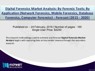 Digital Forensics Market Analysis: By Forensic Tools; By
Application (Network Forensics, Mobile Forensics, Database
Forensics, Computer Forensics) - Forecast (2015 - 2020)
Published on – 24 February, 2016 | Number of pages : 165
Single User Price: $4250
The research methodology used to estimate and forecast Digital Forensics Market
Analysis begins with capturing data on key vendor revenue through the secondary
research.
 
