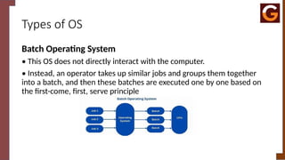 Types of OS
Batch Operating System
• This OS does not directly interact with the computer.
• Instead, an operator takes up similar jobs and groups them together
into a batch, and then these batches are executed one by one based on
the first-come, first, serve principle
 