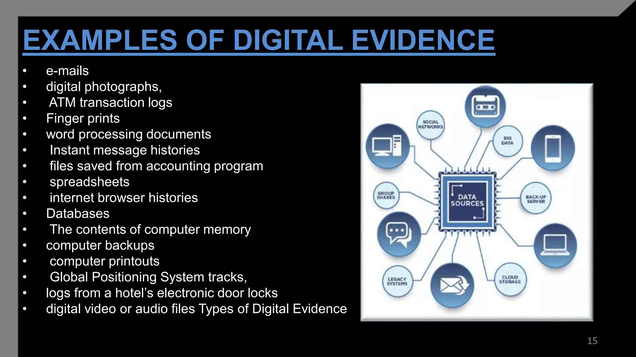 EXAMPLES OF DIGITAL EVIDENCE
• e-mails
• digital photographs,
• ATM transaction logs
• Finger prints
• word processing documents
• Instant message histories
• files saved from accounting program
• spreadsheets
• internet browser histories
• Databases
• The contents of computer memory
• computer backups
• computer printouts
• Global Positioning System tracks,
• logs from a hotel’s electronic door locks
• digital video or audio files Types of Digital Evidence
15
 