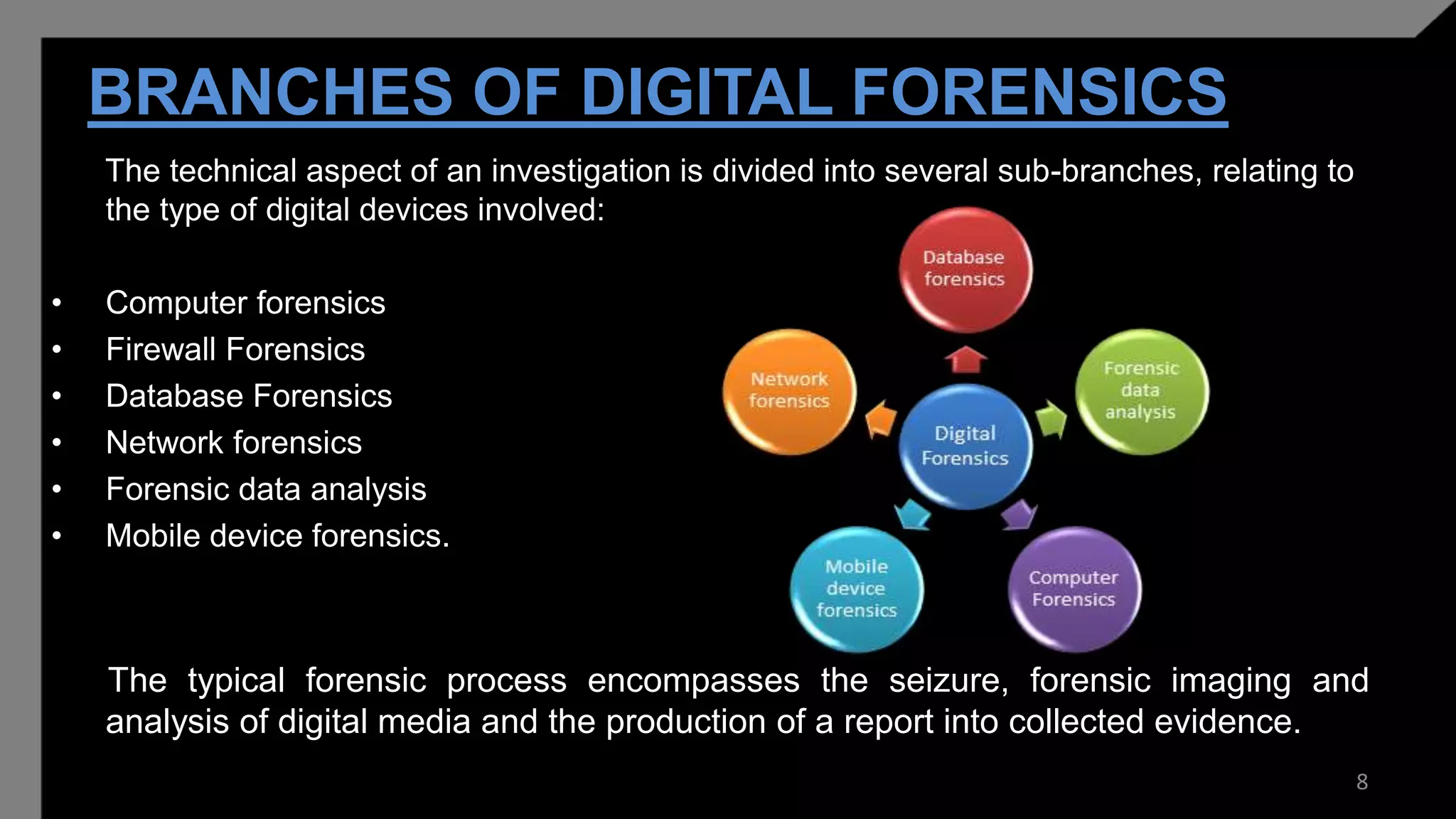 BRANCHES OF DIGITAL FORENSICS
The technical aspect of an investigation is divided into several sub-branches, relating to
the type of digital devices involved:
• Computer forensics
• Firewall Forensics
• Database Forensics
• Network forensics
• Forensic data analysis
• Mobile device forensics.
The typical forensic process encompasses the seizure, forensic imaging and
analysis of digital media and the production of a report into collected evidence.
8
 