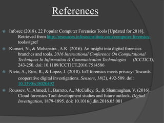 References
 Infosec (2018). 22 Popular Computer Forensics Tools [Updated for 2018].
Retrieved from http://resources.infosecinstitute.com/computer-forensics-
tools/#gref
 Kumari, N., & Mohapatra , A.K. (2016). An insight into digital forensics
branches and tools. 2016 International Conference On Computational
Techniques In Information & Communication Technologies (ICCTICT),
243-250. doi: 10.1109/ICCTICT.2016.7514586
 Nieto, A., Rios, R., & Lopez, J. (2018). IoT-forensics meets privacy: Towards
cooperative digital investigations. Sensors, 18(2), 492-509. doi:
10.3390/s18020492
 Roussev, V., Ahmed, I., Barreto, A., McCulley, S., & Shanmughan, V. (2016).
Cloud forensics-Tool development studies and future outlook. Digital
Investigation, 1879-1895. doi: 10.1016/j.din.2016.05.001
 
