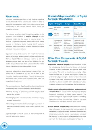 4 
Hypothesis: 
Information harvested today from the vast universe of external 
sources, fused with internal customer data enables the ability to 
apply advanced data science which, in turn, helps brings real world 
understanding of the customer behavior, actions, needs and 
perspective tomorrow. 
The enterprise armed with digital foresight can capitalize on the 
experience and capabilities of Digital Foresight to gain 
actionable insights into the causes of customer churn. For 
example, progressive enterprises bolster products for market 
success by identifying clients, merging client’s customer 
sentiments, needs, and points of influence, and matching client’s 
activities to their customer behavior. 
Organizations fusing client’s customer data through advanced data 
science with tools that develop customer “signature” are able to gain 
“Behavior Trajectory” (behavior trajectory is a science by itself that 
illuminates customer needs, bias, and points of influence). The end 
result is clarity on the events in client’s customers’ lives that enables 
them to change direction from one provider to another. 
Importantly is the ability to discern customer’s pattern of life. Life 
events that are identifiable if you take time to listen to the 
information shared in external venues. Pattern of life events drive 
the customer to buy, to have access to capital to invest, to flee to a 
competitor and much more. 
This paper describes how Digital Foresight can be optimized to your 
understanding using advanced data science driven services by: 
• Precisely focusing on developing actionable insights about 
specific client behavior 
• Identifying high-value customers and their immediate or rapidly 
emerging predisposition 
• Streamlining dissemination of actionable insights to your team in 
real-time and relevant output in order to stern customer churn 
action 
Digital Foresight is uniquely poised to lead development of 
customer target market research. 
Graphical Representation of Digital 
Foresight Capabilities: 
Sight Hindsight Insight Digital Forsight 
Analogy 
Action 
Value 
Rear Window 
Mirror 
What has 
happened 
Past experience 
and situations 
provide a 
reasonable basis 
to begin to 
understand 
the present 
Windshield Over the Horizon 
How does X 
relate to Y 
Understanding 
various 
relationships 
helps us interpret 
our current and 
future situation in 
light of a changing 
environment 
Radar 
What if “A” and/ 
or “B” happen & 
Where, Why, How 
The ability to model 
multiple scenarios in 
real time information 
allowing understanding 
with confidence 
tomorrow’s 
opportunity & risk 
and take action today 
Other Core Components of Digital 
Foresight Include: 
• Geospatial statistical analysis provides foundational context 
for understanding client environmental factors and structural 
conditions of various communities and individuals within those 
communities. This activity is dependent on overlaying multiple 
layers of spatial data to provide deep and rich context. By 
understanding Digital Foresight, a client can analyze both current 
and likely future spatial conditions which will provide insights 
about the key factors needed to define potential opportunities, 
challenges and socio-economic trajectories of local communities. 
• Open domain information collection, assessment and 
dissemination are a core enabler of all aspects of Digital 
Foresight’s contribution to target market research. This 
initiative leverages the Digital Foresight expertise in identifying 
target client, and vast information and intelligence that exists 
and is tied to the market and members of any market. 
• Social Network Analysis (SNA) enables researchers to identify 
close-knit structure of small communities and congregations. It 
identifies key sub-groups and families, characterize their interests and 
critical needs, quantify their potential market value and understand 
the strength of the sub-groups and families influencing others in the 
community either directly or as a result of a pattern of life events. 
 