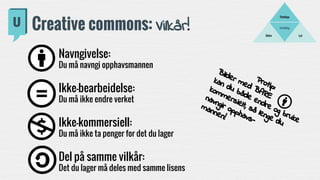 Fortelling
LydBilder
Filmklipp
Creative commons: Vilkår!
Navngivelse:
Du må navngi opphavsmannen
Ikke-bearbeidelse:
Du må ikke endre verket
Ikke-kommersiell:
Du må ikke ta penger for det du lager
Del på samme vilkår:
Det du lager må deles med samme lisens
Protip:
Bilder med BARE
kan du både endre og bruke
kommersielt, så lenge du
navngir opphavs-
mannen!
 