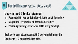 Fortelling
LydBilder
Filmklipp
Fortellingen: Skriv den ned!
Begynn med å tenke igjennom:
● Poenget ditt - Hva er det aller viktigste du vil formidle?
● Målgruppe - Hvem skal du formidle dette til?
● Personlig vinkling - Hvorfor er dette viktig for deg?
Bruk dette som utgangspunkt til å skrive fortellingen din!
Den bør ta 1 - 3 minutter å lese høyt.
 