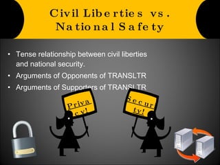 Civil Liberties vs. National Safety Tense relationship between civil liberties and national security.  Arguments of Opponents of TRANSLTR Arguments of Supporters of TRANSLTR Privacy! Security! 