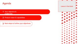 1 Your objective &
challenges
3 Next steps to further your objectives
2 Product vision & capabilities
Agenda
Leave in final deck
 