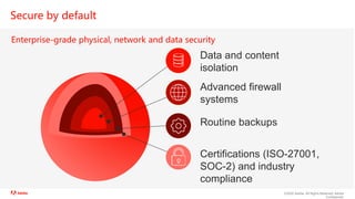 ©2020 Adobe. All Rights Reserved. Adobe
Confidential.
Secure by default
Enterprise-grade physical, network and data security
Advanced firewall
systems
Routine backups
Data and content
isolation
Certifications (ISO-27001,
SOC-2) and industry
compliance
 