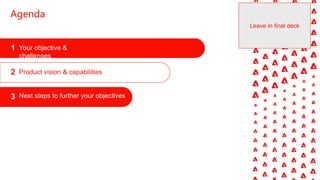 1 Your objective &
challenges
3 Next steps to further your objectives
2 Product vision & capabilities
Agenda
Leave in final deck
 