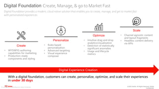 ©2020 Adobe. All Rights Reserved. Adobe
Confidential.
© 2020 Adobe. All Rights Reserved. Adobe Confidential.
Digital Foundation Create, Manage, & go to Market Fast
Digital Foundation provides a modern, cloud native solution that enables you to create, manage, and get to market fast
with personalized experiences
Create
• WYSIWYG authoring
capabilities for marketing
• Production-ready
components and styling
Personalize
• Rules based
personalization
• Advanced targeting
• Visual experience
composer
Optimize
• Intuitive drag and drop
analytics/visualization
• Detection of statistically
significant anomalies
• Usage and lifecycle
metrics
Scale
• Channel agnostic content
and layout fragments
• Headless content delivery
via APIs
Digital Experience Creation
With a digital foundation, customers can create, personalize, optimize, and scale their experiences
in under 30 days
 