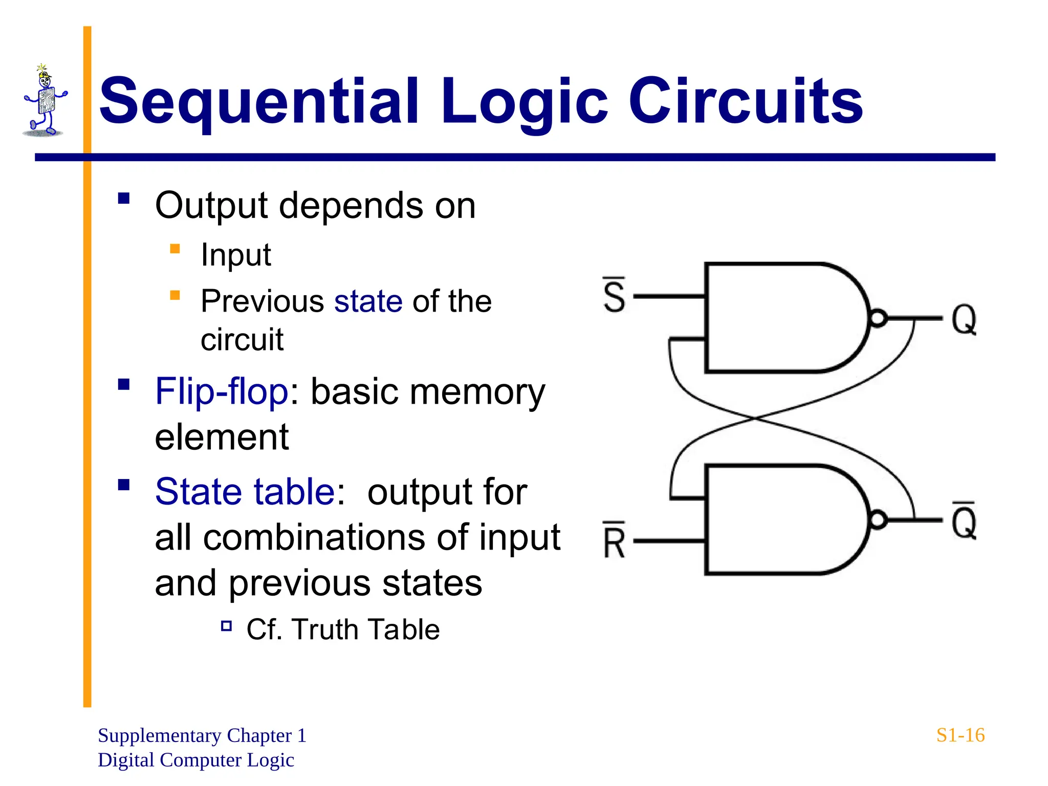 Supplementary Chapter 1
Digital Computer Logic
S1-16
Sequential Logic Circuits
 Output depends on
 Input
 Previous state of the
circuit
 Flip-flop: basic memory
element
 State table: output for
all combinations of input
and previous states

Cf. Truth Table
 