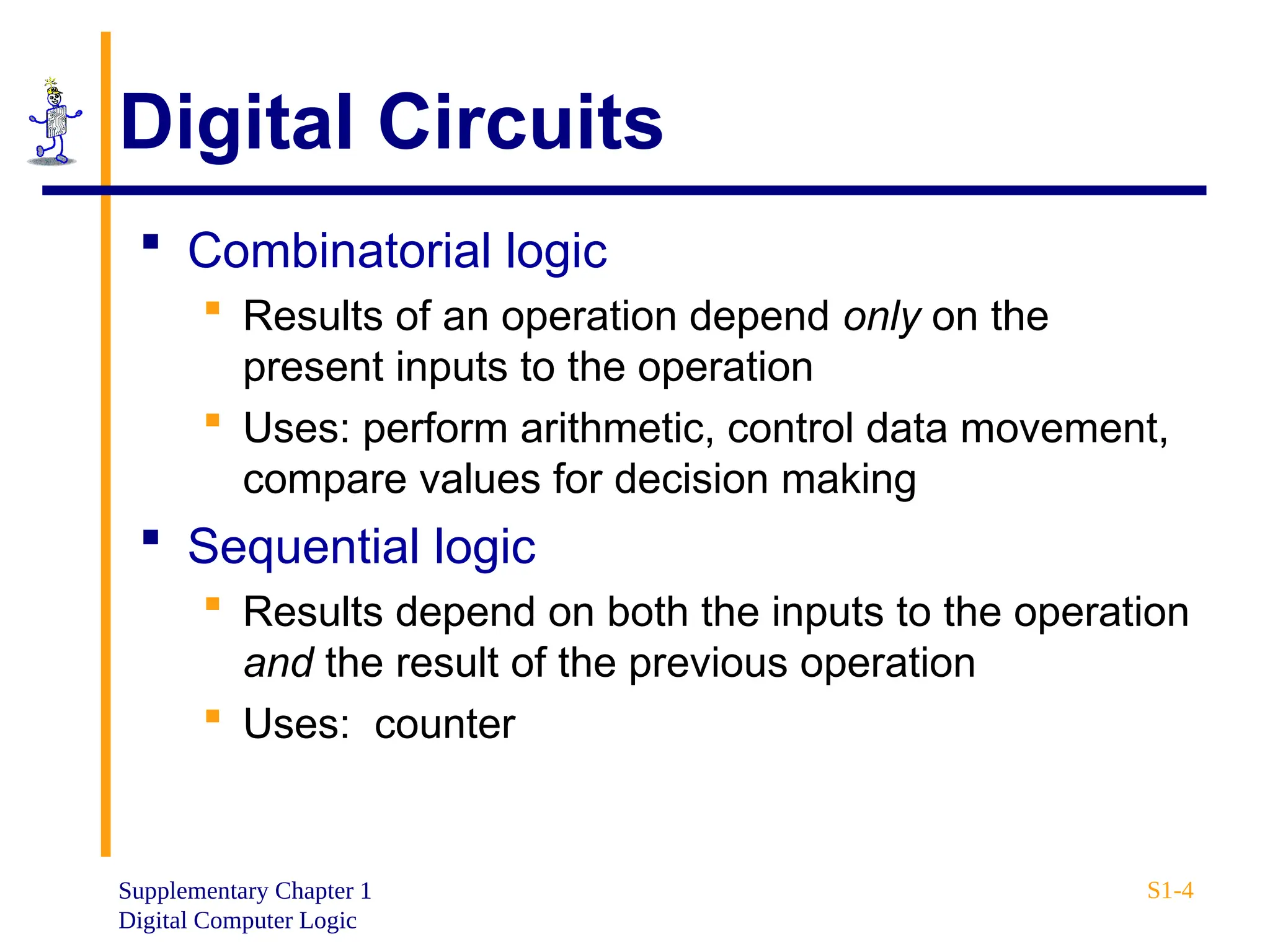 Supplementary Chapter 1
Digital Computer Logic
S1-4
Digital Circuits
 Combinatorial logic
 Results of an operation depend only on the
present inputs to the operation
 Uses: perform arithmetic, control data movement,
compare values for decision making
 Sequential logic
 Results depend on both the inputs to the operation
and the result of the previous operation
 Uses: counter
 