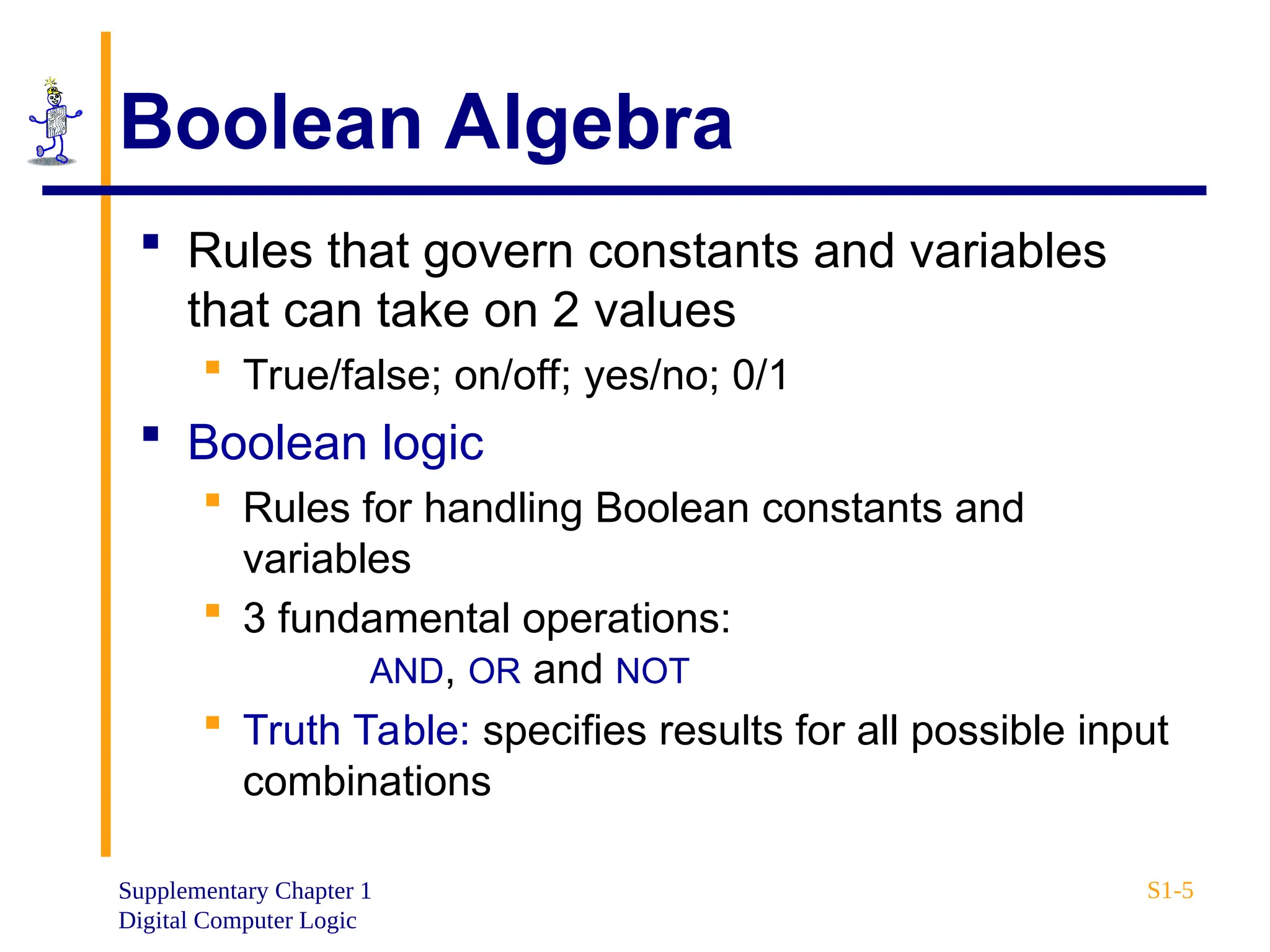 Supplementary Chapter 1
Digital Computer Logic
S1-5
Boolean Algebra
 Rules that govern constants and variables
that can take on 2 values
 True/false; on/off; yes/no; 0/1
 Boolean logic
 Rules for handling Boolean constants and
variables
 3 fundamental operations:
AND, OR and NOT
 Truth Table: specifies results for all possible input
combinations
 