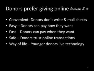 Donors prefer giving online because it is 
• Convenient- Donors don’t write & mail checks 
• Easy – Donors can pay how they want 
• Fast – Donors can pay when they want 
• Safe – Donors trust online transactions 
• Way of life – Younger donors live technology 
5 
 