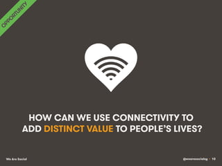 @wearesocialsg • 10We Are Social
HOW CAN WE USE CONNECTIVITY TO
ADD DISTINCT VALUE TO PEOPLE’S LIVES?
 