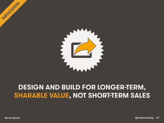 @wearesocialsg • 67We Are Social
DESIGN AND BUILD FOR LONGER-TERM,
SHARABLE VALUE, NOT SHORT-TERM SALES
 