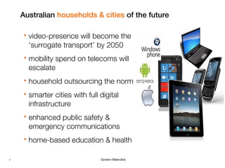 Australian households & cities of the future




mobility spend on telecoms will
escalate



household outsourcing the ...