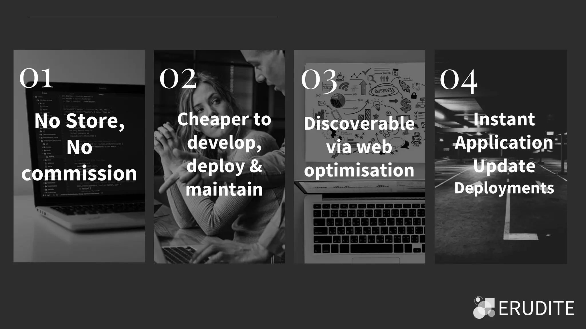 01 0201 02 03 04
No Store,
No
commission
Cheaper to
develop,
deploy &
maintain
Discoverable
via web
optimisation
Instant
Application
Update
Deployments
 