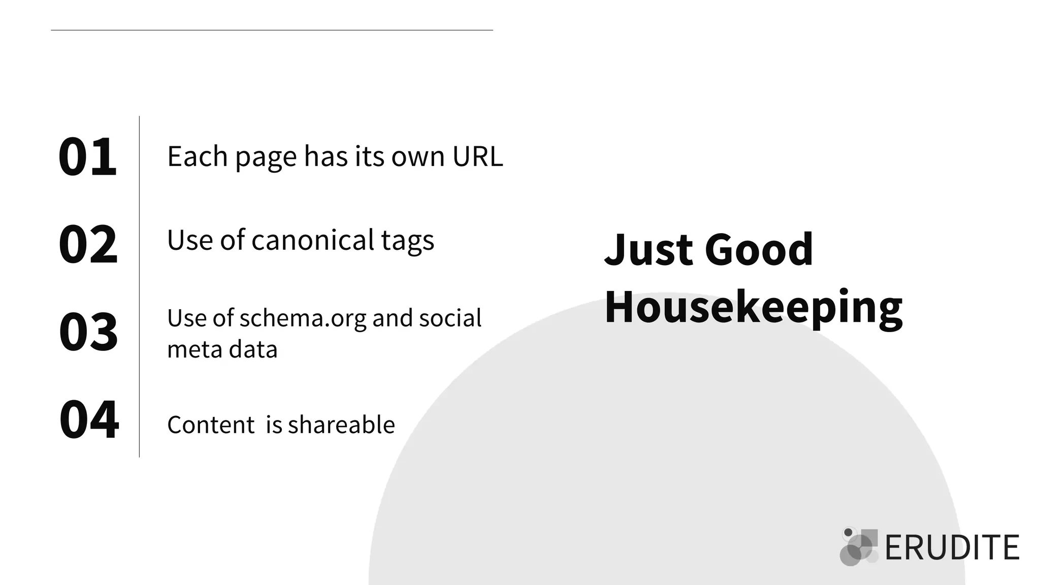 01
02
03
04
Each page has its own URL
Use of canonical tags
Use of schema.org and social
meta data
Content is shareable
Just Good
Housekeeping
 
