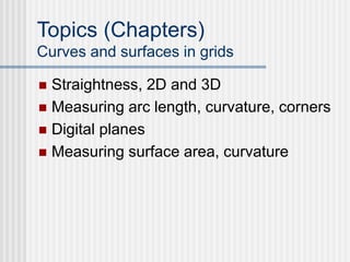 Topics (Chapters)
Curves and surfaces in grids
 Straightness, 2D and 3D
 Measuring arc length, curvature, corners
 Digital planes
 Measuring surface area, curvature
 