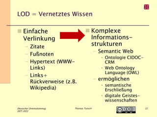 LOD = Vernetztes Wissen
 Einfache
Verlinkung
– Zitate
– Fußnoten
– Hypertext (WWW-
Links)
– Links+
Rückverweise (z.B.
Wik...
