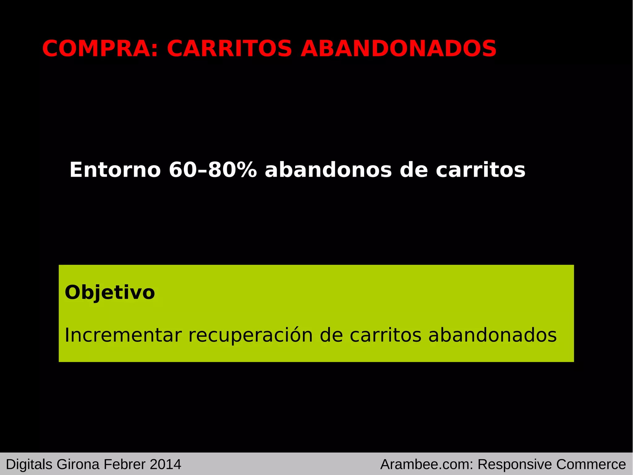 COMPRA: CARRITOS ABANDONADOS

Entorno 60–80% abandonos de carritos

Objetivo
Incrementar recuperación de carritos abandonados

Digitals Girona Febrer 2014

Arambee.com: Responsive Commerce

 