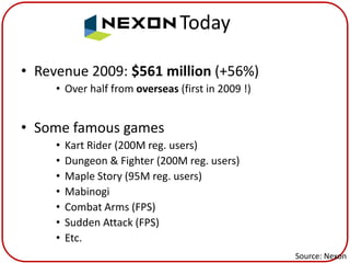 Nexon Today

• Revenue 2009: $561 million (+56%)
     • Over half from overseas (first in 2009 !)


• Some famous games
     •   Kart Rider (200M reg. users)
     •   Dungeon & Fighter (200M reg. users)
     •   Maple Story (95M reg. users)
     •   Mabinogi
     •   Combat Arms (FPS)
     •   Sudden Attack (FPS)
     •   Etc.
                                                   Source: Nexon
 