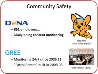 Community Safety

• DeNA
  – 861 employees…
  – Many doing content monitoring
                                            Pipo-kun
                                       Tokyo Police Mascot




  – Monitoring 24/7 since 2006.11
  – “Patrol Center” built in 2008.03
                                       Gree’s Patrol Center
 