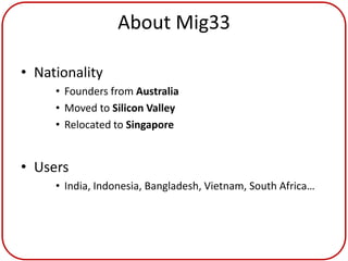 About Mig33

• Nationality
     • Founders from Australia
     • Moved to Silicon Valley
     • Relocated to Singapore


• Users
     • India, Indonesia, Bangladesh, Vietnam, South Africa…
 
