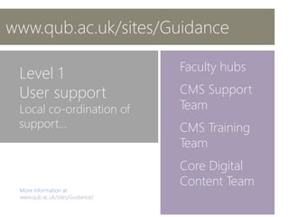 More information at:
Level 1
User support
Local co-ordination of
support…
www.qub.ac.uk/sites/Guidance
Faculty hubs
CMS Support
Team
CMS Training
Team
Core Digital
Content Team
 