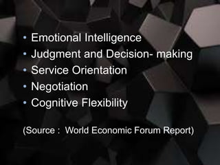 • Emotional Intelligence
• Judgment and Decision- making
• Service Orientation
• Negotiation
• Cognitive Flexibility
(Source : World Economic Forum Report)
 