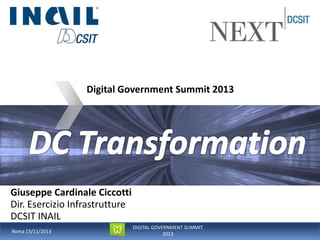 Digital Government Summit 2013

Giuseppe Cardinale Ciccotti
Dir. Esercizio Infrastrutture
DCSIT INAIL
Roma 13/11/2013

DIGITAL GOVERNMENT SUMMIT
2013

 