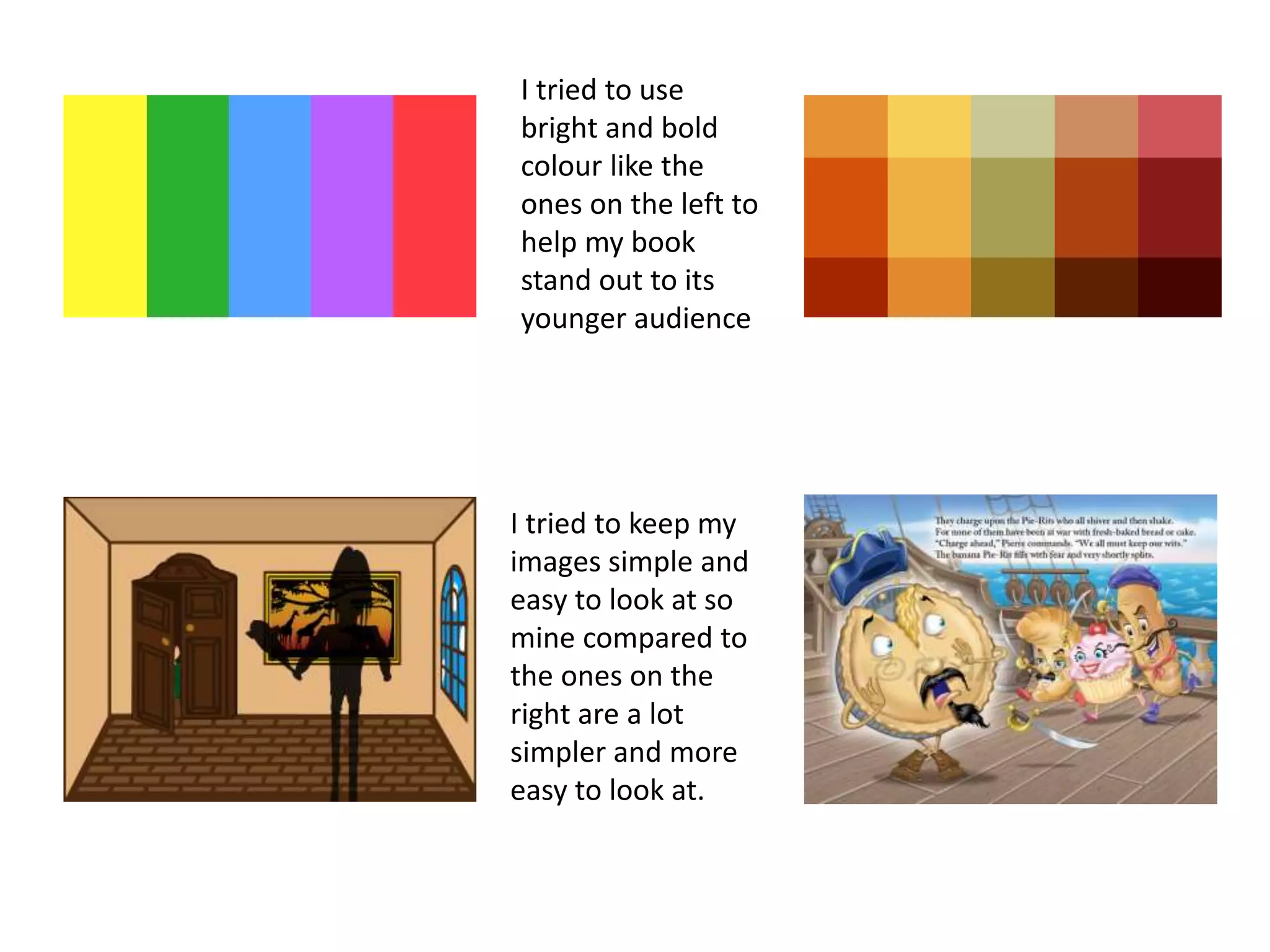 I tried to use
bright and bold
colour like the
ones on the left to
help my book
stand out to its
younger audience
I tried to keep my
images simple and
easy to look at so
mine compared to
the ones on the
right are a lot
simpler and more
easy to look at.
 