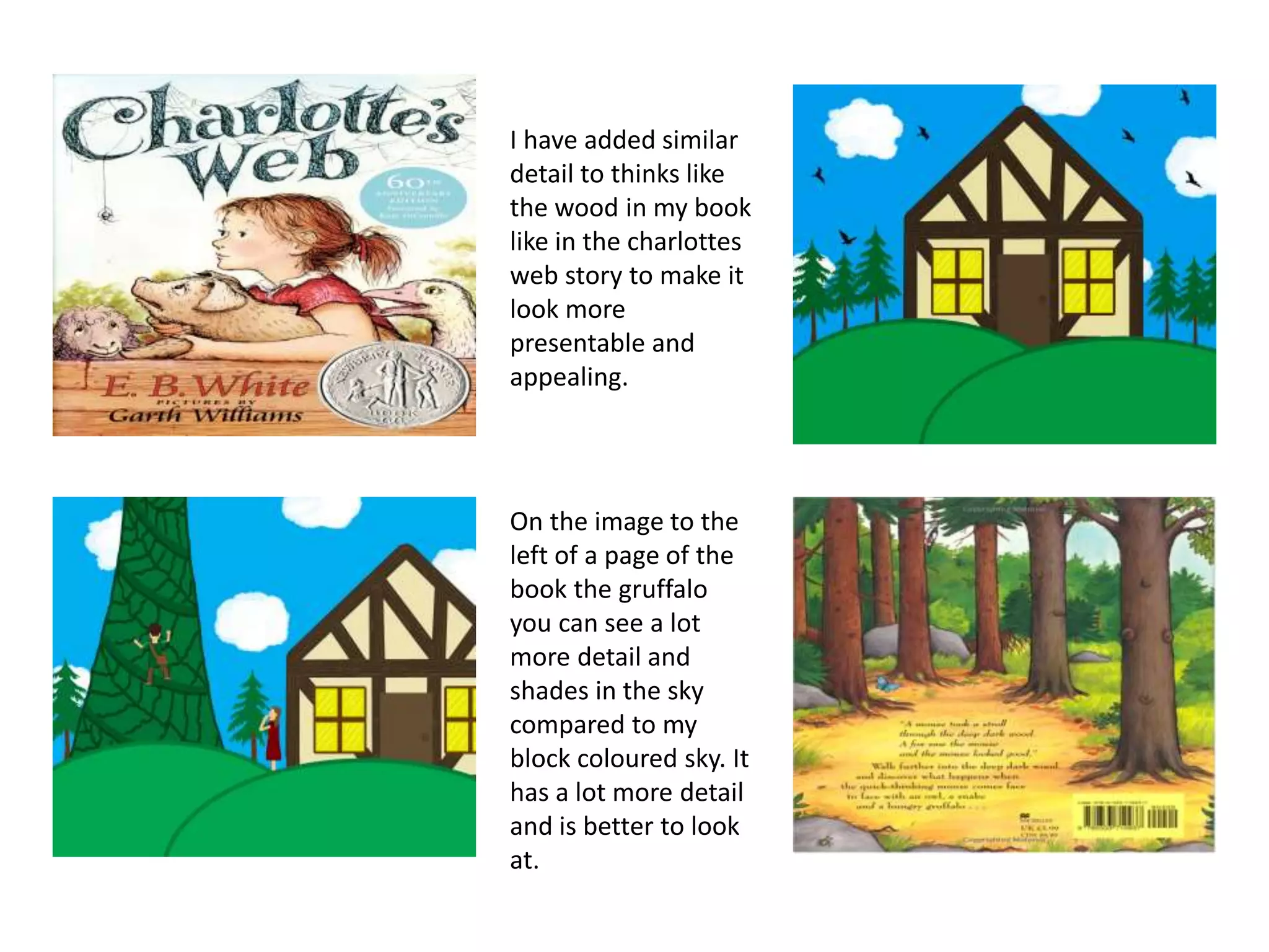 On the image to the
left of a page of the
book the gruffalo
you can see a lot
more detail and
shades in the sky
compared to my
block coloured sky. It
has a lot more detail
and is better to look
at.
I have added similar
detail to thinks like
the wood in my book
like in the charlottes
web story to make it
look more
presentable and
appealing.
 