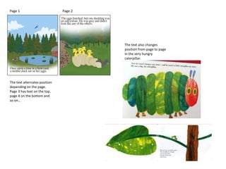 Page 1 Page 2
The text alternates position
depending on the page.
Page 3 has text on the top,
page 4 on the bottom and
so on…
The text also changes
position from page to page
in the very hungry
caterpillar.
 