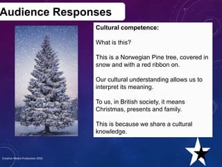 Audience Responses
Cultural competence:
What is this?
This is a Norwegian Pine tree, covered in
snow and with a red ribbon on.
Our cultural understanding allows us to
interpret its meaning.
To us, in British society, it means
Christmas, presents and family.
This is because we share a cultural
knowledge.
Creative Media Production 2016
21
 