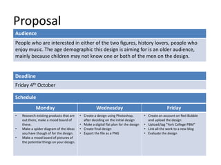 Proposal
Audience
People who are interested in either of the two figures, history lovers, people who
enjoy music. The age demographic this design is aiming for is an older audience,
mainly because children may not know one or both of the men on the design.

Deadline
Friday 4th October

Schedule
Monday
•
•
•

Research existing products that are
out there, make a mood board of
these.
Make a spider diagram of the ideas
you have though of for the design.
Make a mood board of pictures of
the potential things on your design.

Wednesday
• Create a design using Photoshop,
after deciding on the initial design
• Make a digital flat plan for the design
• Create final design
• Export the file as a PNG

Friday
• Create an account on Red Bubble
and upload the design
• Upload/tag “York College PBM”
• Link all the work to a new blog
• Evaluate the design

 