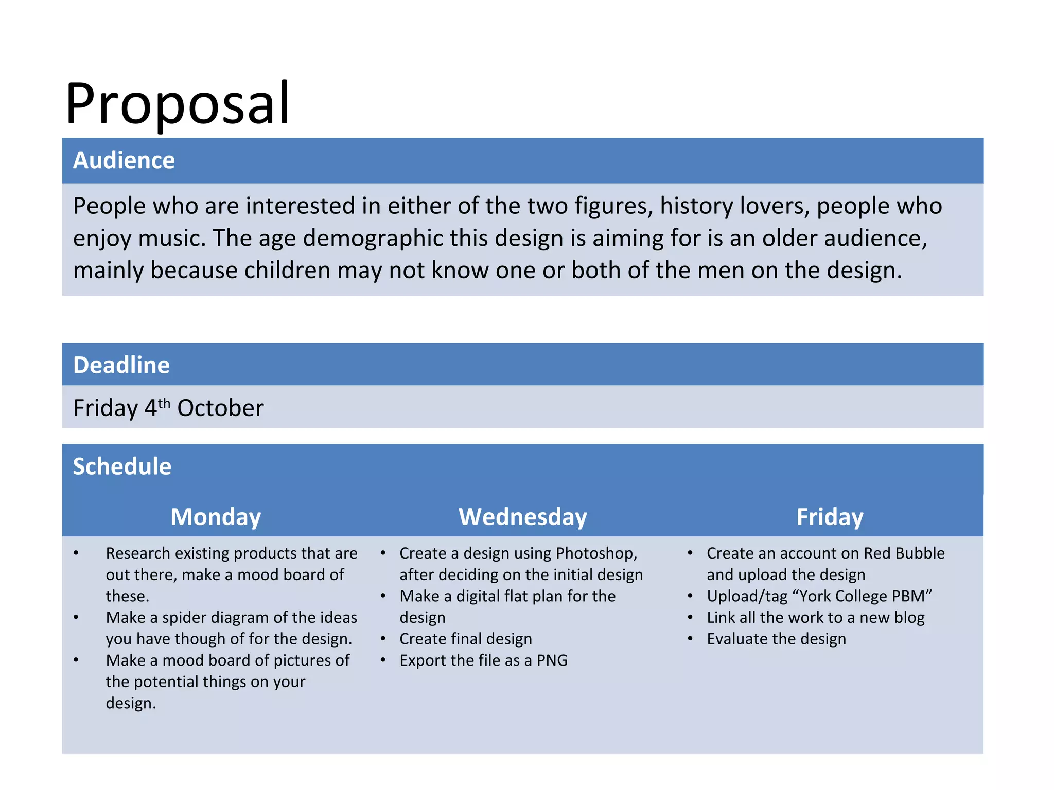 Proposal
Audience
People who are interested in either of the two figures, history lovers, people who
enjoy music. The age demographic this design is aiming for is an older audience,
mainly because children may not know one or both of the men on the design.
Deadline
Friday 4th October
Schedule
Monday
•

•
•

Research existing products that are
out there, make a mood board of
these.
Make a spider diagram of the ideas
you have though of for the design.
Make a mood board of pictures of
the potential things on your
design.

Wednesday
• Create a design using Photoshop,
after deciding on the initial design
• Make a digital flat plan for the
design
• Create final design
• Export the file as a PNG

Friday
• Create an account on Red Bubble
and upload the design
• Upload/tag “York College PBM”
• Link all the work to a new blog
• Evaluate the design

 