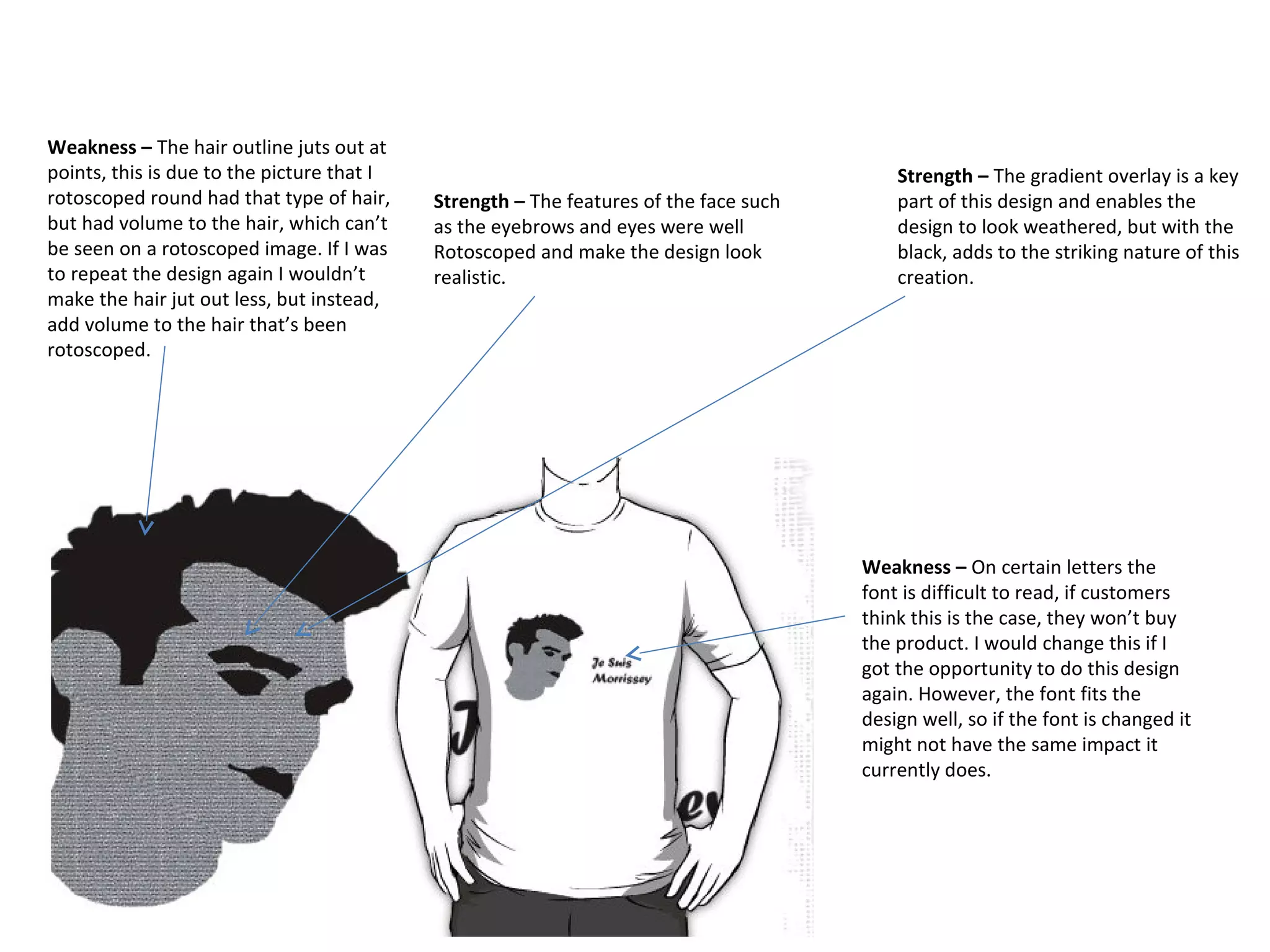 Weakness – The hair outline juts out at
points, this is due to the picture that I
rotoscoped round had that type of hair,
but had volume to the hair, which can’t
be seen on a rotoscoped image. If I was
to repeat the design again I wouldn’t
make the hair jut out less, but instead,
add volume to the hair that’s been
rotoscoped.

Strength – The features of the face such
as the eyebrows and eyes were well
Rotoscoped and make the design look
realistic.

Strength – The gradient overlay is a key
part of this design and enables the
design to look weathered, but with the
black, adds to the striking nature of this
creation.

Weakness – On certain letters the
font is difficult to read, if customers
think this is the case, they won’t buy
the product. I would change this if I
got the opportunity to do this design
again. However, the font fits the
design well, so if the font is changed it
might not have the same impact it
currently does.

 