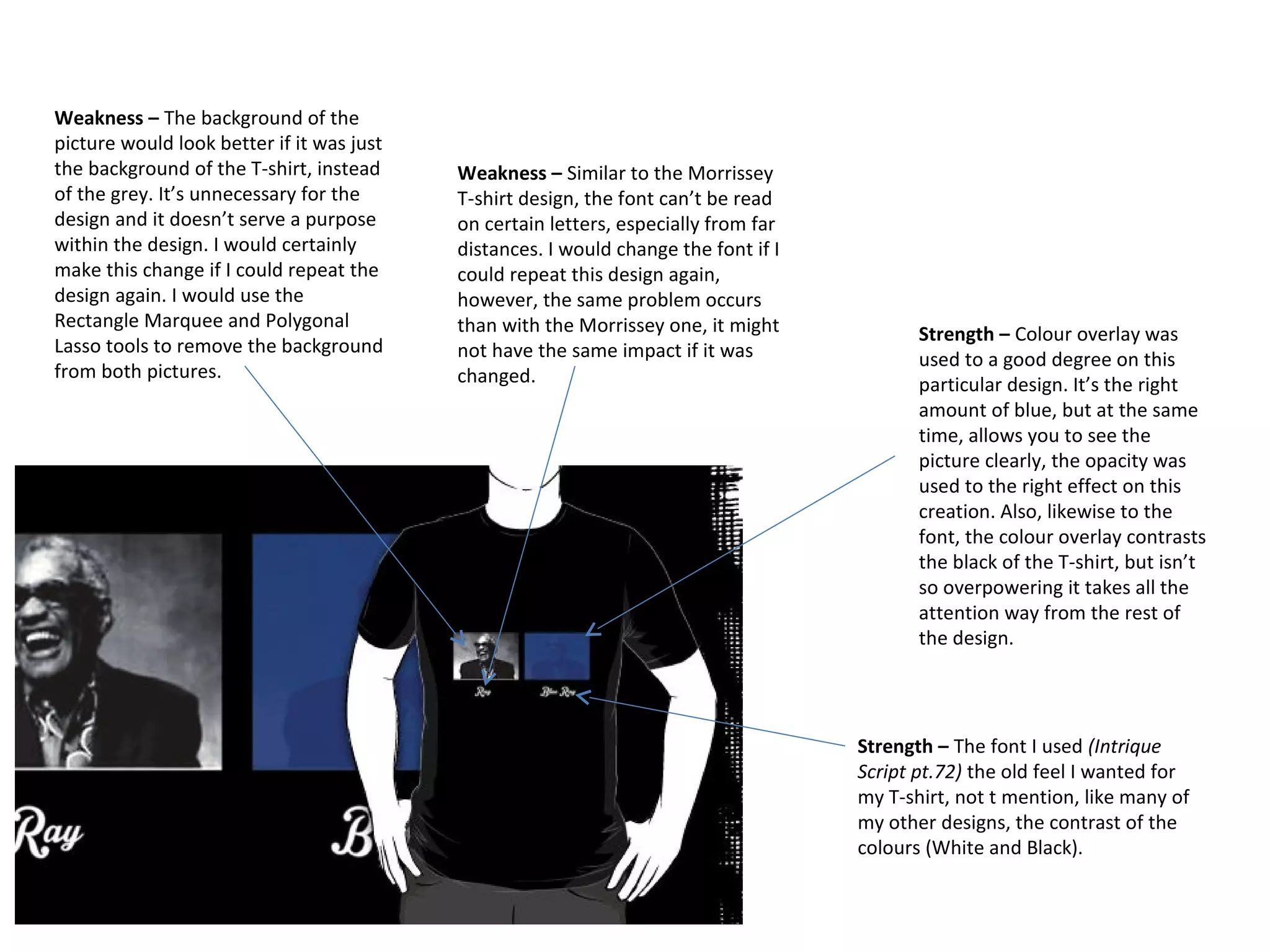 Weakness – The background of the
picture would look better if it was just
the background of the T-shirt, instead
of the grey. It’s unnecessary for the
design and it doesn’t serve a purpose
within the design. I would certainly
make this change if I could repeat the
design again. I would use the
Rectangle Marquee and Polygonal
Lasso tools to remove the background
from both pictures.

Weakness – Similar to the Morrissey
T-shirt design, the font can’t be read
on certain letters, especially from far
distances. I would change the font if I
could repeat this design again,
however, the same problem occurs
than with the Morrissey one, it might
not have the same impact if it was
changed.

Strength – Colour overlay was
used to a good degree on this
particular design. It’s the right
amount of blue, but at the same
time, allows you to see the
picture clearly, the opacity was
used to the right effect on this
creation. Also, likewise to the
font, the colour overlay contrasts
the black of the T-shirt, but isn’t
so overpowering it takes all the
attention way from the rest of
the design.

Strength – The font I used (Intrique
Script pt.72) the old feel I wanted for
my T-shirt, not t mention, like many of
my other designs, the contrast of the
colours (White and Black).

 