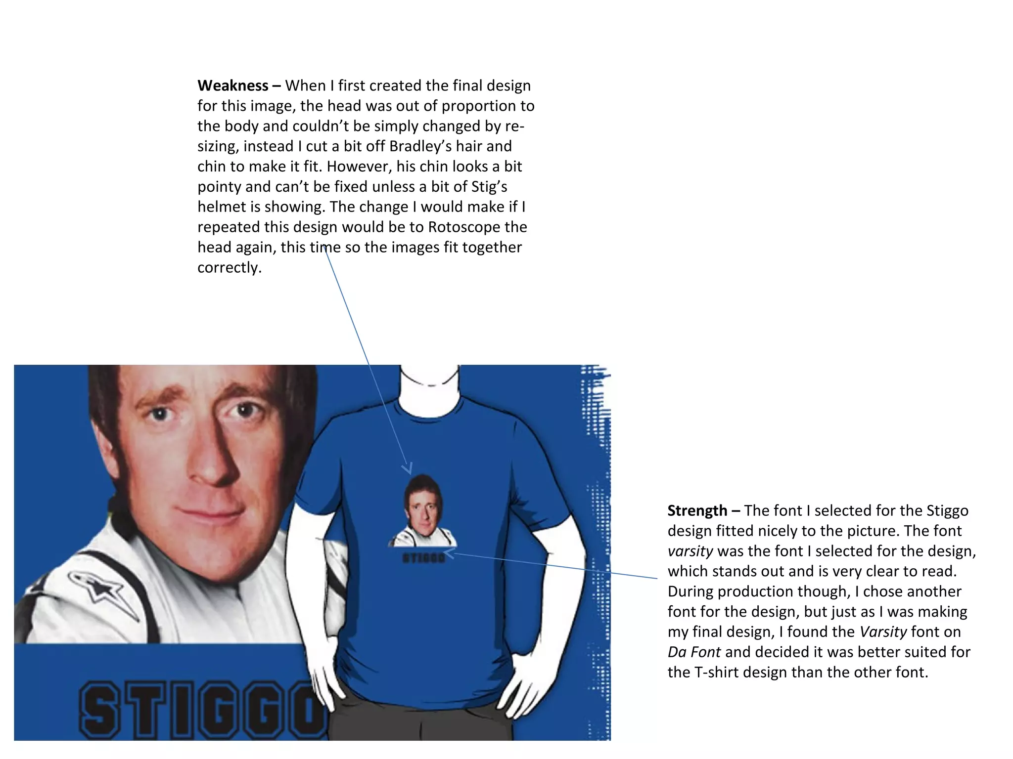 Weakness – When I first created the final design
for this image, the head was out of proportion to
the body and couldn’t be simply changed by resizing, instead I cut a bit off Bradley’s hair and
chin to make it fit. However, his chin looks a bit
pointy and can’t be fixed unless a bit of Stig’s
helmet is showing. The change I would make if I
repeated this design would be to Rotoscope the
head again, this time so the images fit together
correctly.

Strength – The font I selected for the Stiggo
design fitted nicely to the picture. The font
varsity was the font I selected for the design,
which stands out and is very clear to read.
During production though, I chose another
font for the design, but just as I was making
my final design, I found the Varsity font on
Da Font and decided it was better suited for
the T-shirt design than the other font.

 