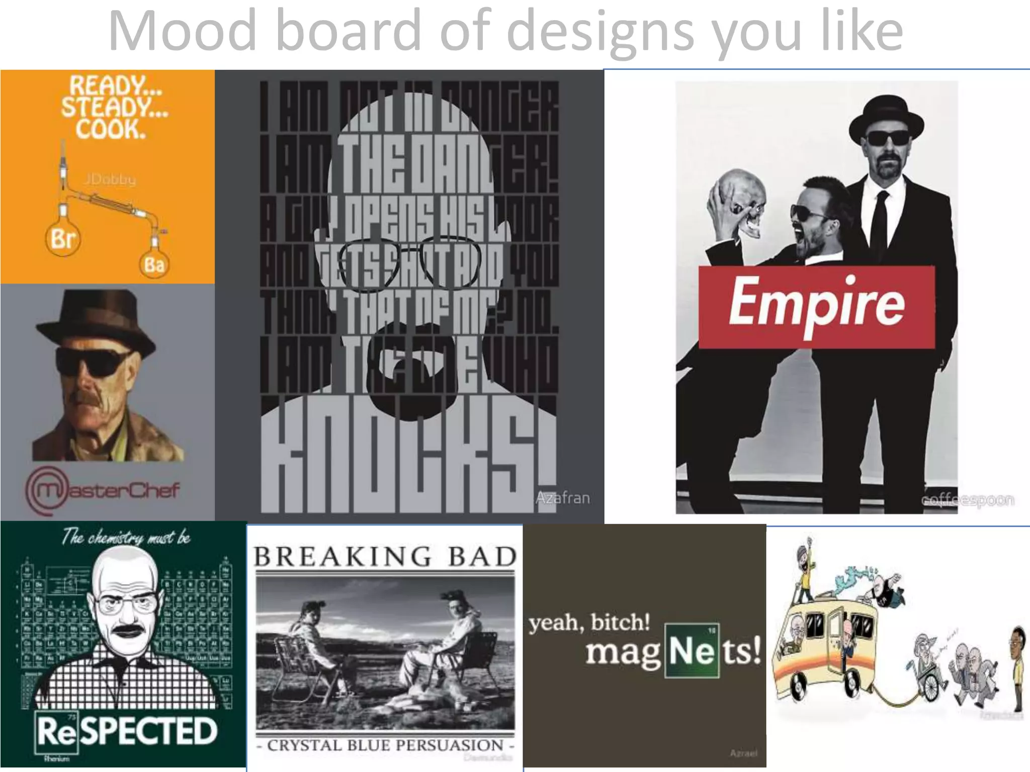 Mood board of designs you like
 