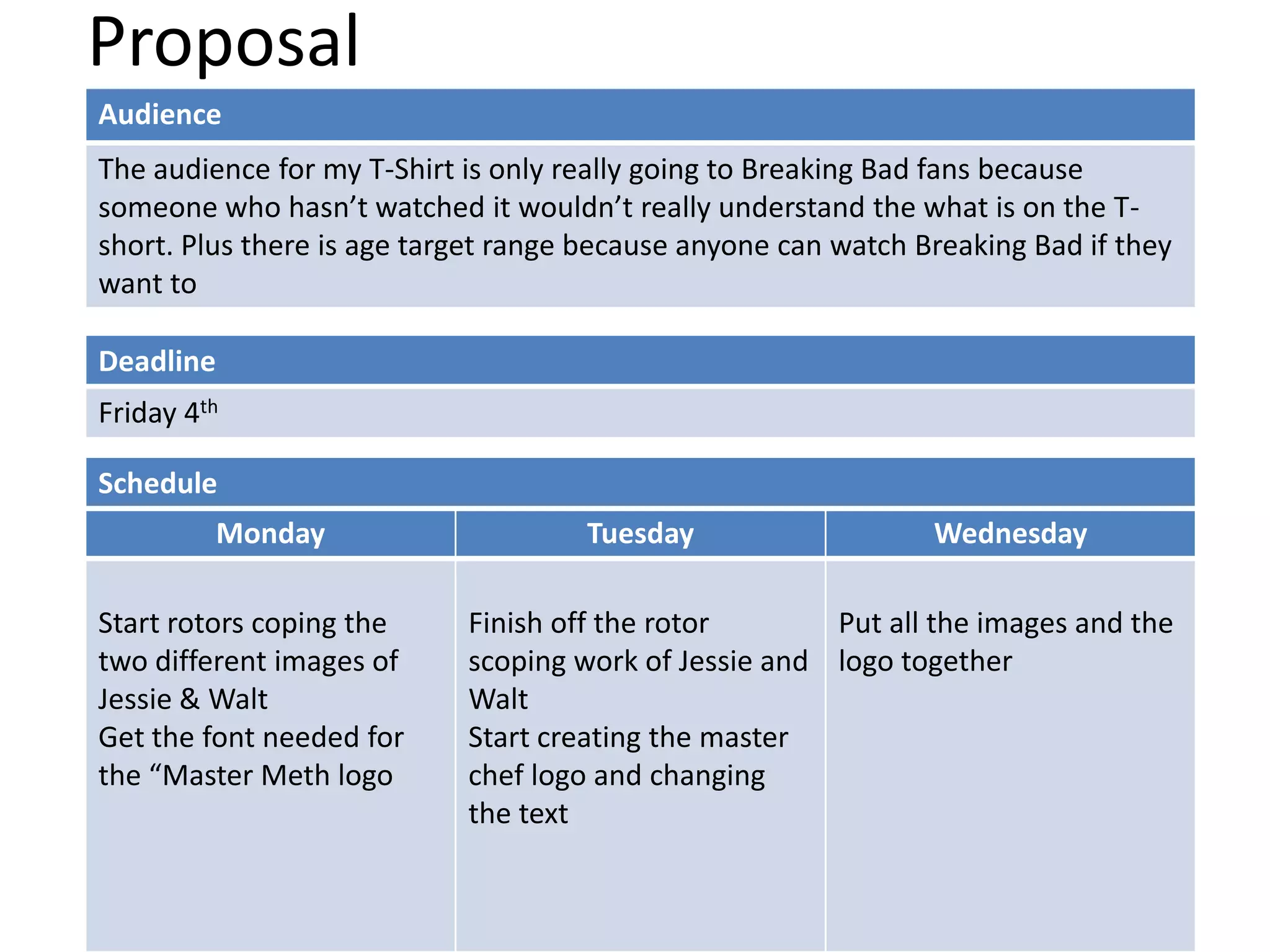 Proposal
Deadline
Friday 4th
Monday Tuesday Wednesday
Start rotors coping the
two different images of
Jessie & Walt
Get the font needed for
the “Master Meth logo
Finish off the rotor
scoping work of Jessie and
Walt
Start creating the master
chef logo and changing
the text
Put all the images and the
logo together
Schedule
Audience
The audience for my T-Shirt is only really going to Breaking Bad fans because
someone who hasn’t watched it wouldn’t really understand the what is on the T-
short. Plus there is age target range because anyone can watch Breaking Bad if they
want to
 