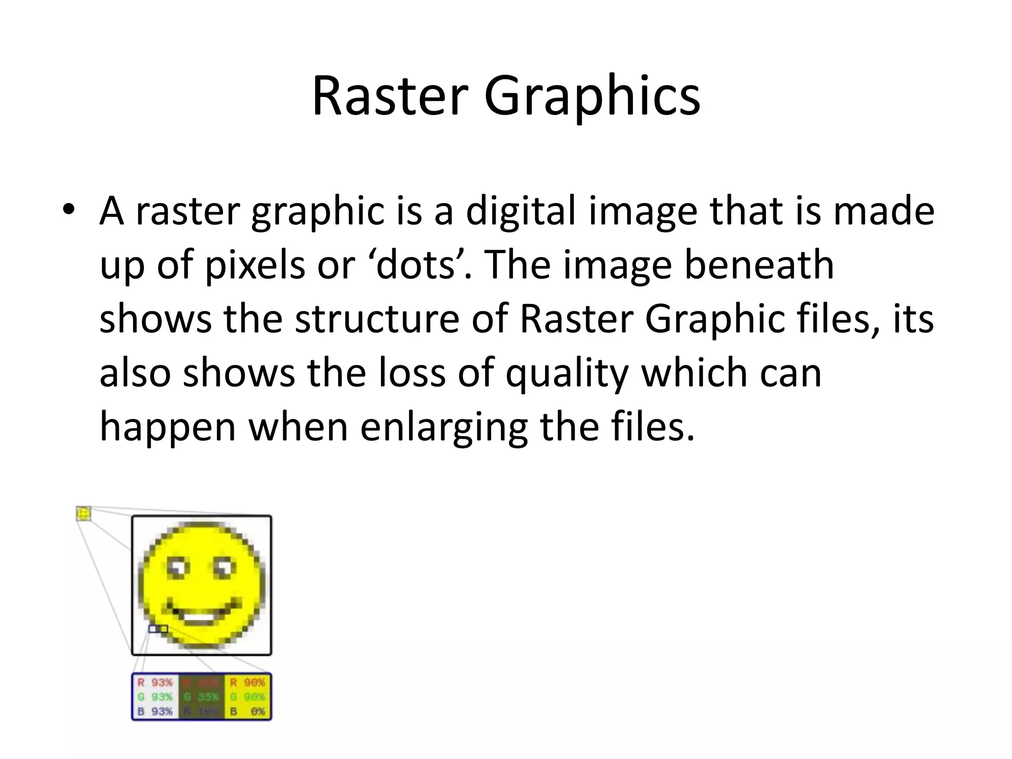 Raster Graphics
• A raster graphic is a digital image that is made
up of pixels or ‘dots’. The image beneath
shows the structure of Raster Graphic files, its
also shows the loss of quality which can
happen when enlarging the files.
 