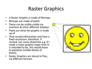 Raster Graphics
• A Raster Graphic is made of Bitmaps
• Bitmaps are made of pixels
• These can be visible visible via
monitors & other different displays.
• Pixels are what the graphic is made
up of
• They record information and have a
fixed resolution, therefore, if
resized, can cause distortion e.g. if I
made a raster graphic larger than it
is intended to be, this would leave
to pixilation (visible blocks of
pixels).
• Raster Graphics are stored in files,
via different formats

 