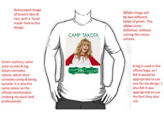 Rotoscoped image
of Grace’s face &
hair, with a ‘handmade’ look to the
design.

Green outlines, same
color as text & log.
Green connotes
nature, which then
connotes camp & being
outside. It is also the
same colour as the
official merchandise
(making my work look
professional).

Whole image will
be two different
tones of green. This
allows some
definition, without
ruining the colour
scheme

A log is used in the
official logo, so I
felt it would be
appropriate to use
one for my design. I
also felt it was
appropriate to use
the font they also
use.

 