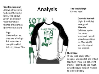 One block colour
Allows all features
to be on the same
level. The colour
green also links in
with the whole
theme of nature as
it connotes nature
Logs
Links to font as
they are also logs
& it connotes a
campfire which
links to title of film.

Analysis

The text is large
Easy to read
Grace & Hannah
(right & middle)
look good.
Mamrie
(left) not up to
the same
standard. I would
spend more time
on Mamrie if I
were to repeat
the project.
The image
(if you look at my other
designs) you can tell are linked
together. There is a coherent
theme. I didn’t add too much
detail because I didn’t want it
to look too fiddly

 