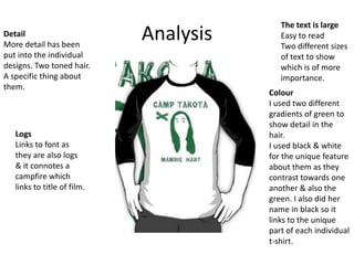 Detail
More detail has been
put into the individual
designs. Two toned hair.
A specific thing about
them.

Logs
Links to font as
they are also logs
& it connotes a
campfire which
links to title of film.

Analysis

The text is large
Easy to read
Two different sizes
of text to show
which is of more
importance.

Colour
I used two different
gradients of green to
show detail in the
hair.
I used black & white
for the unique feature
about them as they
contrast towards one
another & also the
green. I also did her
name in black so it
links to the unique
part of each individual
t-shirt.

 
