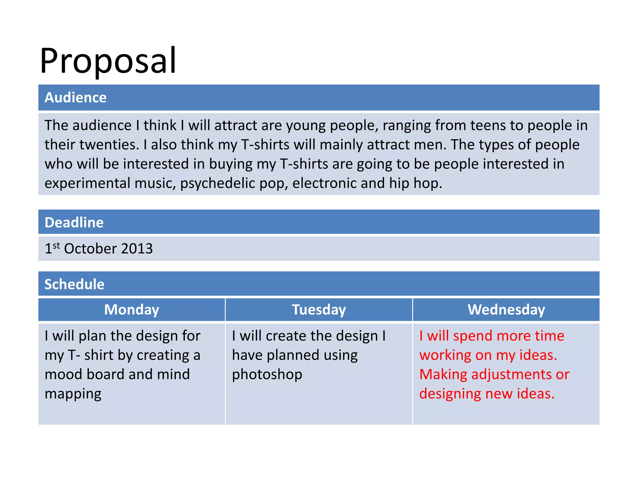 Proposal
Deadline
1st October 2013
Monday Tuesday Wednesday
I will plan the design for
my T- shirt by creating a
mood board and mind
mapping
I will create the design I
have planned using
photoshop
I will spend more time
working on my ideas.
Making adjustments or
designing new ideas.
Schedule
Audience
The audience I think I will attract are young people, ranging from teens to people in
their twenties. I also think my T-shirts will mainly attract men. The types of people
who will be interested in buying my T-shirts are going to be people interested in
experimental music, psychedelic pop, electronic and hip hop.
 