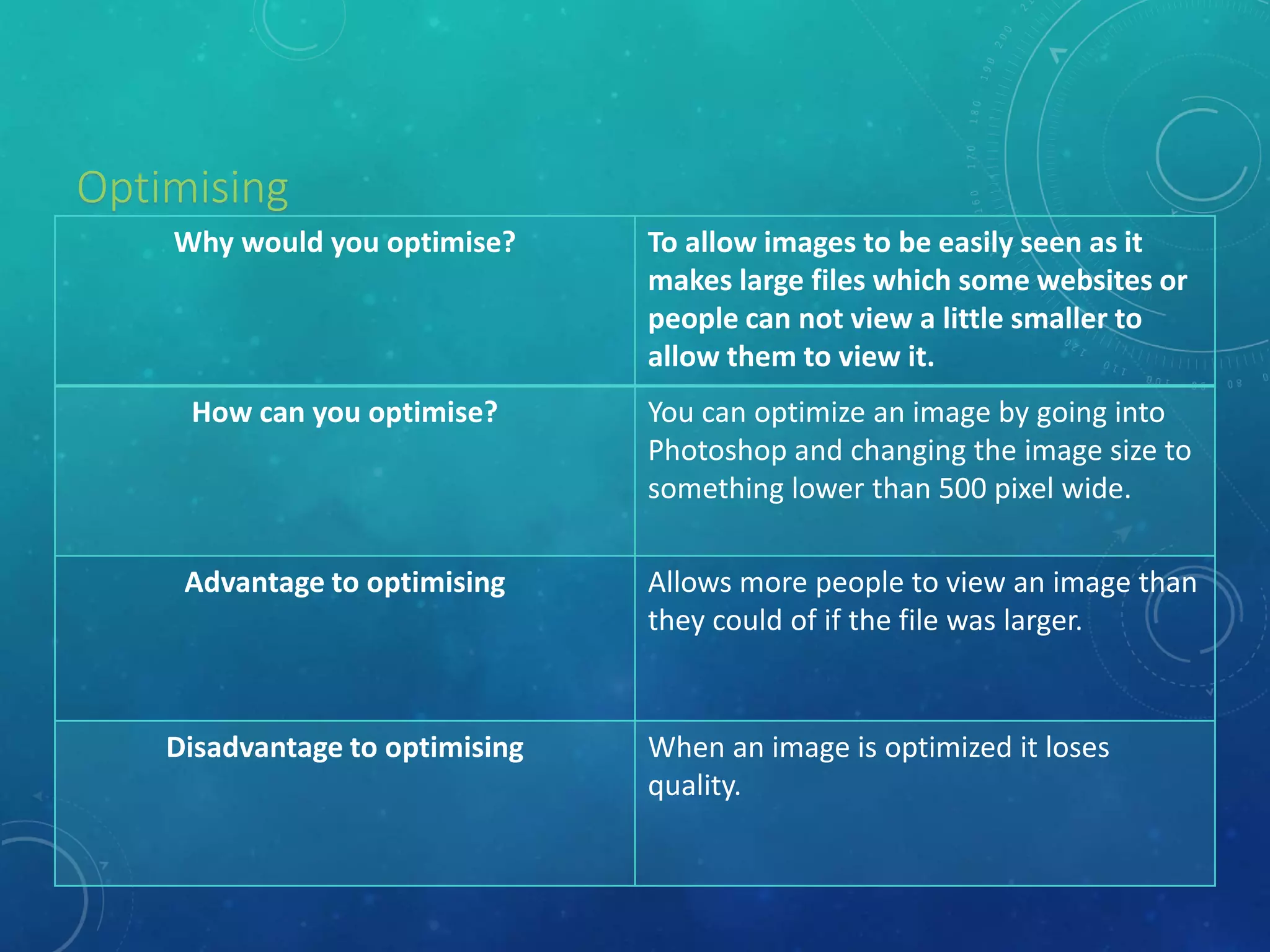 Why would you optimise? To allow images to be easily seen as it
makes large files which some websites or
people can not view a little smaller to
allow them to view it.
How can you optimise? You can optimize an image by going into
Photoshop and changing the image size to
something lower than 500 pixel wide.
Advantage to optimising Allows more people to view an image than
they could of if the file was larger.
Disadvantage to optimising When an image is optimized it loses
quality.
Optimising
 